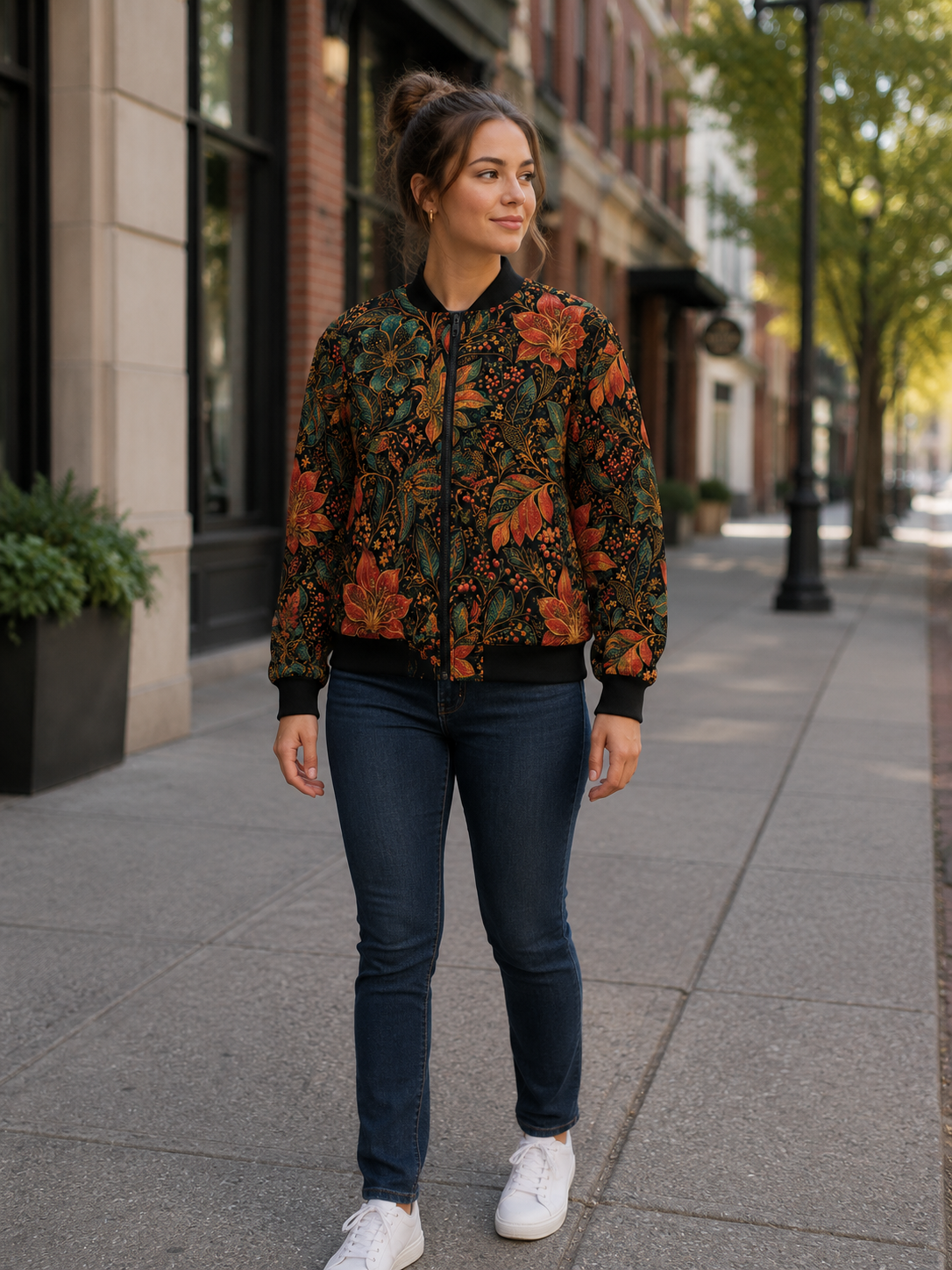 Woman wearing a dark floral all-over print bomber jacket on a city sidewalk