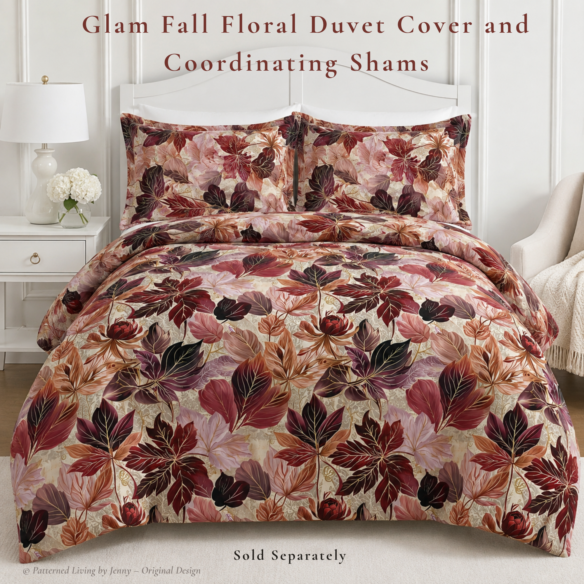 Watercolor Autumn Florals duvet cover styled on a bed